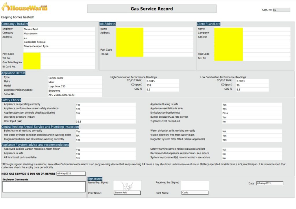 boiler service certificate