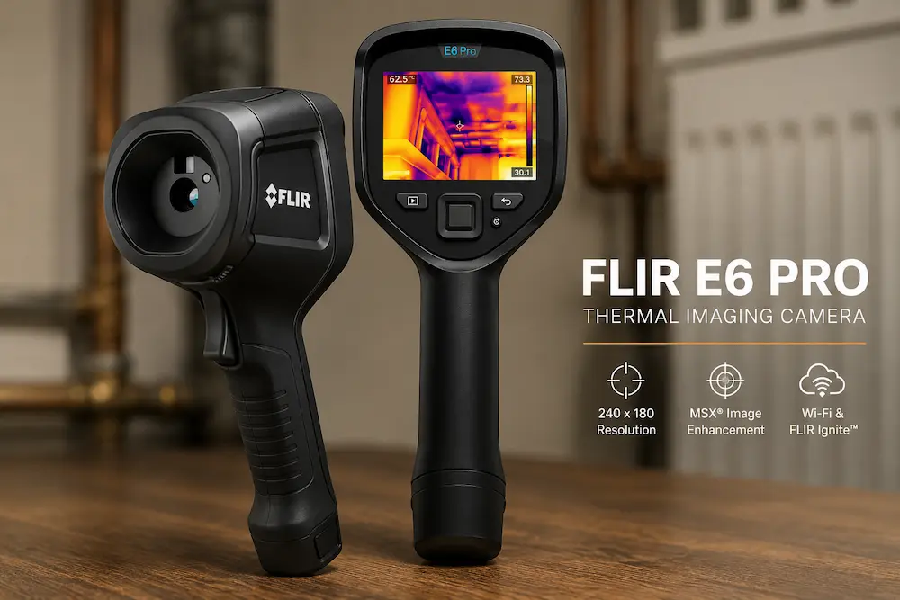 FLIR E6 Pro Thermal Camera Scan FLIR E6 Pro handheld thermal imaging camera with radiator and pipes