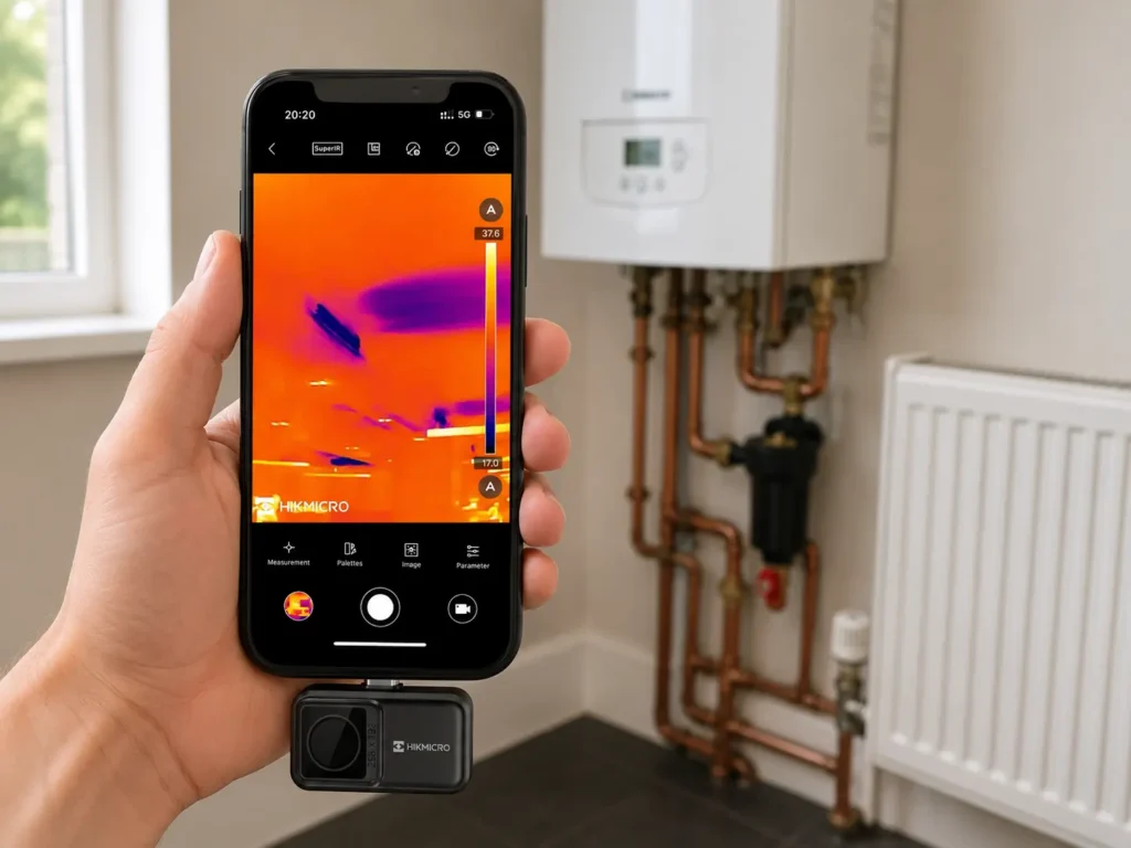 HIKMICRO Mini2 V2 Thermal Camera with Boiler and Radiator HIKMICRO Mini2 V2 thermal camera connected to a phone in front of a boiler and radiator