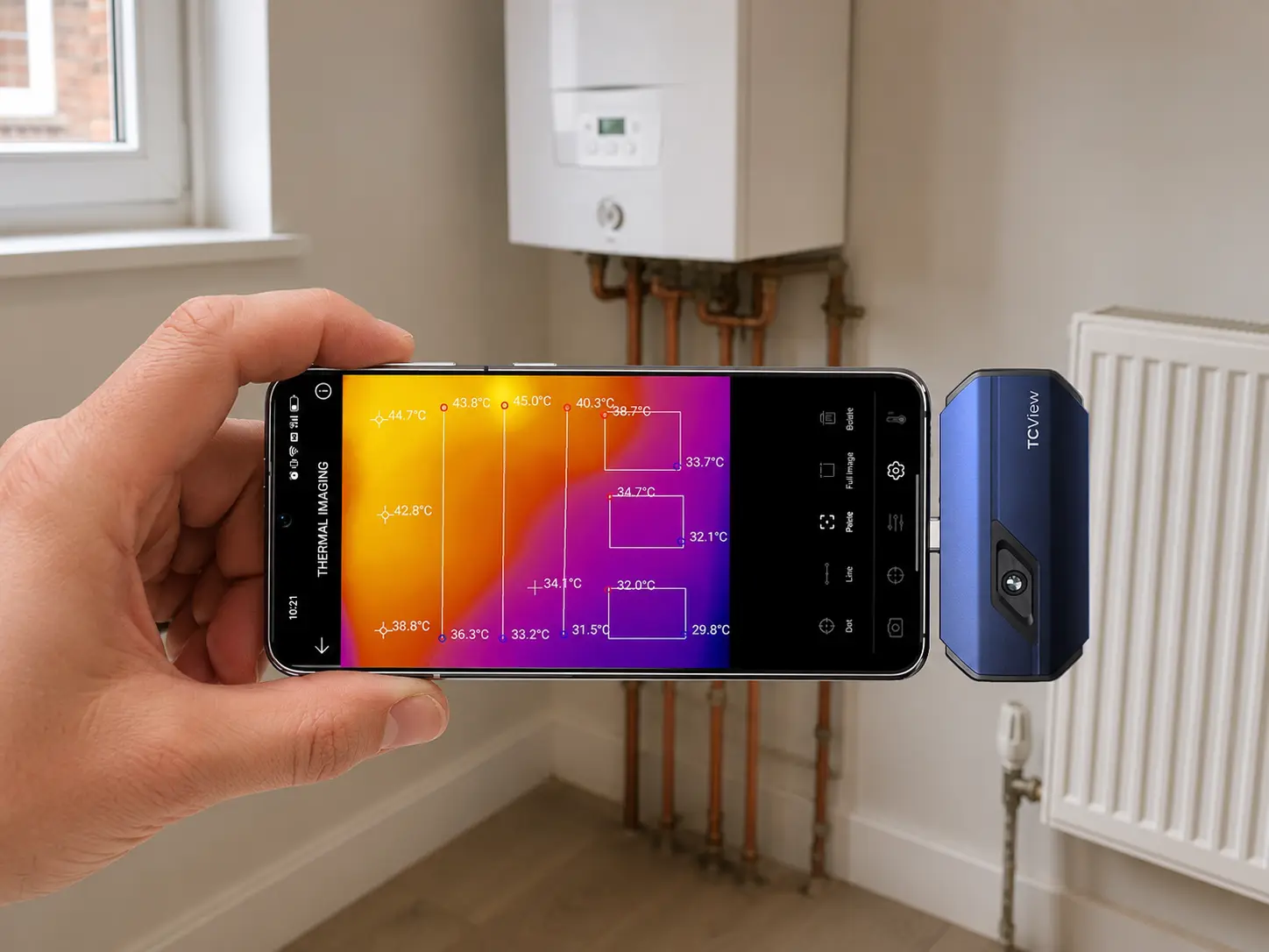 TOPDON TC001 Thermal Camera with Boiler and Radiator TOPDON TC001 thermal camera connected to a phone in front of a boiler and radiator